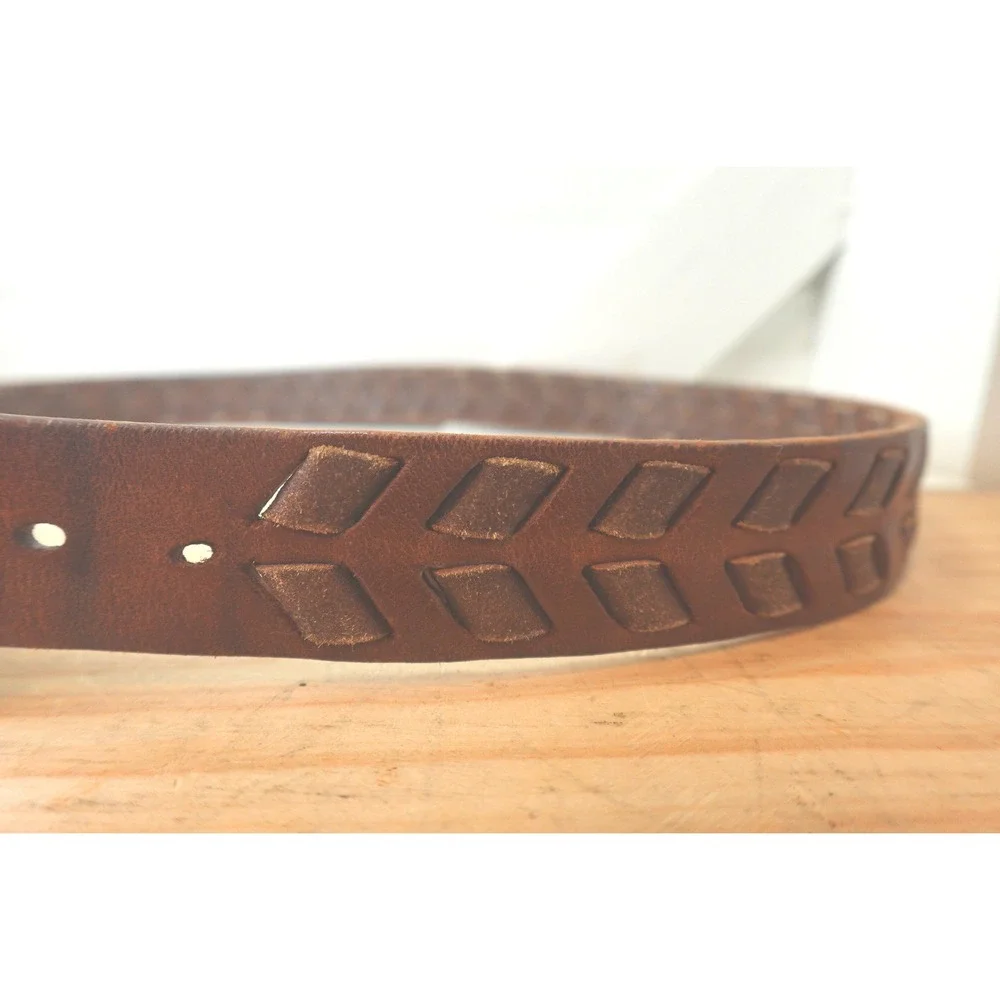 Brown Leather Chevron Braided Belt Men's XL Copper Buckle Two-Tone Vintage Boho